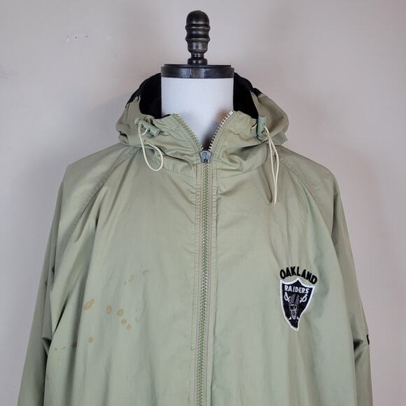 Vintage Pro Player Jacket Mens XXL Khaki Oakland Raiders Zip Hooded 90s WORN - Picture 2 of 16